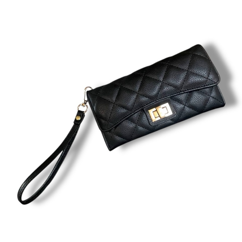Black Quilted Wristlet Wallet Clutch Gold Turn Lock Faux Leather Large Organizer - Picture 7 of 7